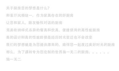 关于厨房您的期待是什么？和客厅风格统一，作为家具存在的好厨房让您和家人，朋友愉悦对话的厨房完美收纳样式各异的餐具与炊具，方便使用的高性能厨房完美的设计和超高的性能即使是经历时光变迁也不会改变我们的梦想就是为您提供精致的，陪伴您一起度过美好时光的厨房那么，为您私人定制的世界独一无二的厨房。。。。。。独一无二